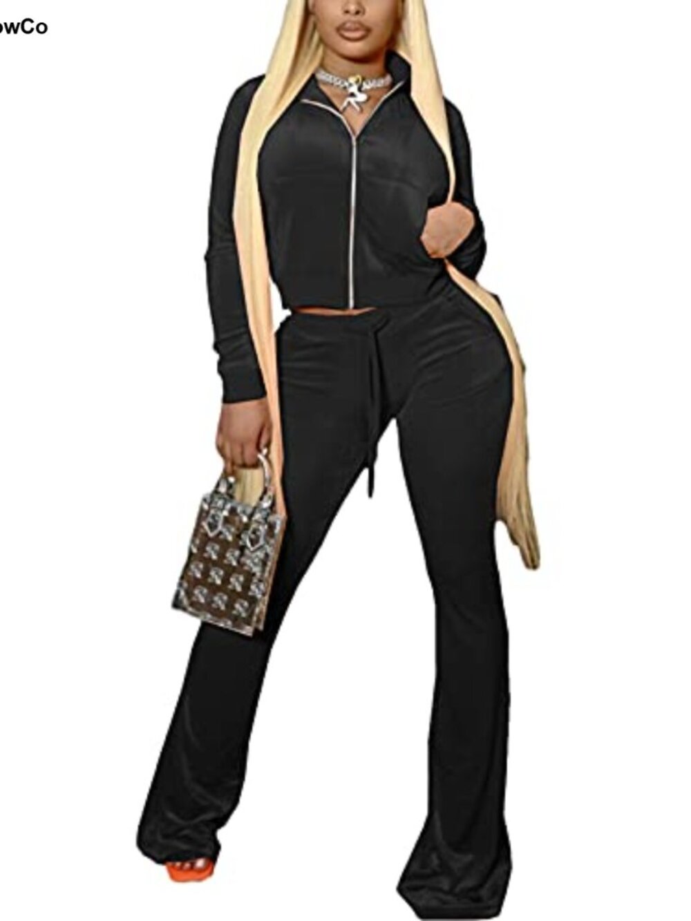 Two Piece Velour Tracksuit Crop Zip Jacket Flare Pants Set